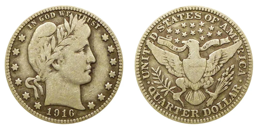 1916 quarter value — 1916 Standing Liberty quarter and 1916 Barber quarter obverse comparison