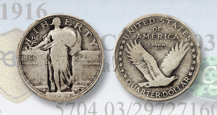 1916 Standing Liberty quarter Full Head comparison — non-Full Head (left) vs Full Head (right) obverse detail