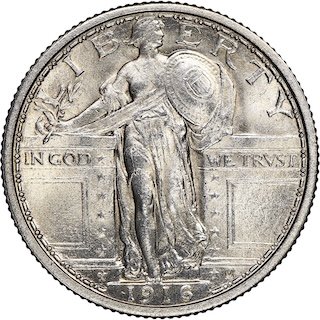 1916 Standing Liberty quarter Full Head designation — Liberty's hair cord and cap separation detail