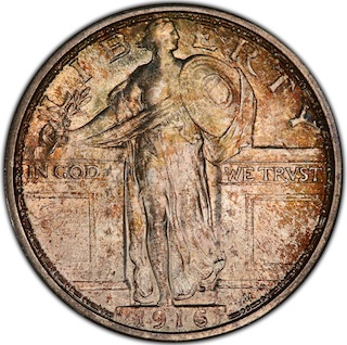 1916 Standing Liberty quarter regular strike — Type I design obverse showing Liberty in gateway