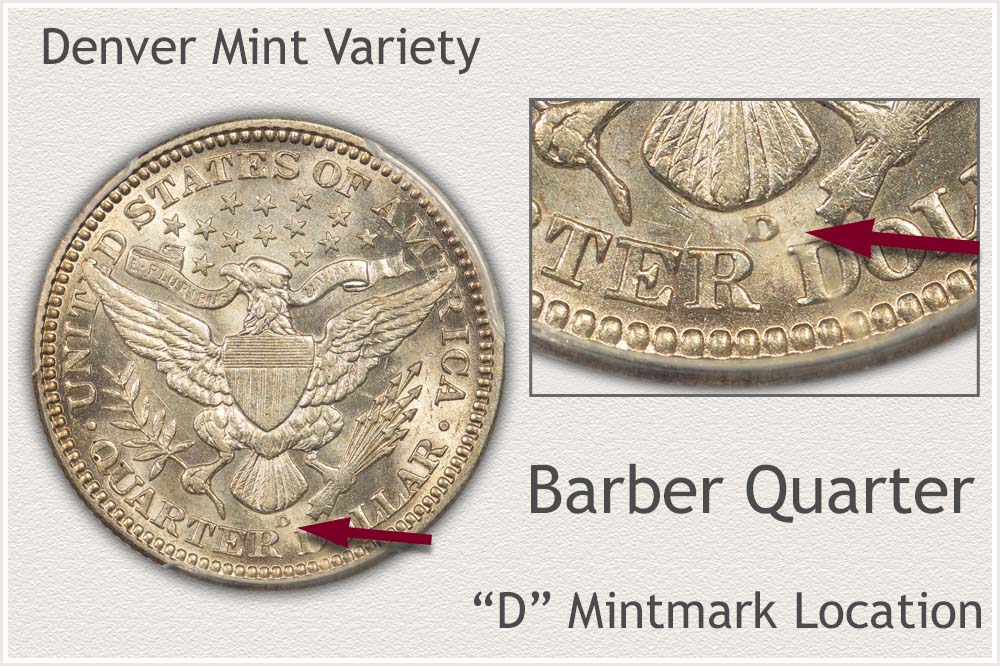 1916-D Barber quarter repunched mint mark FS-501 — secondary D punch visible beneath primary D