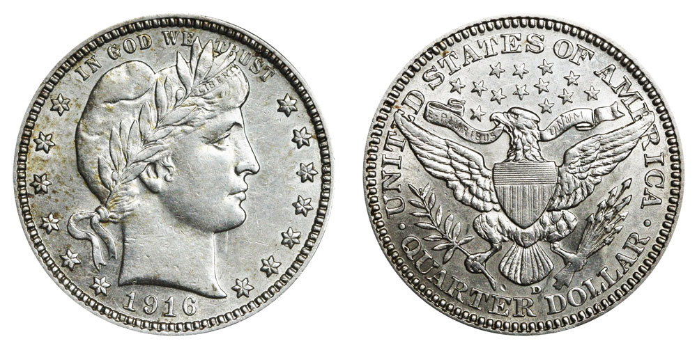 1916 quarter grading strip showing four condition grades from worn to Mint State